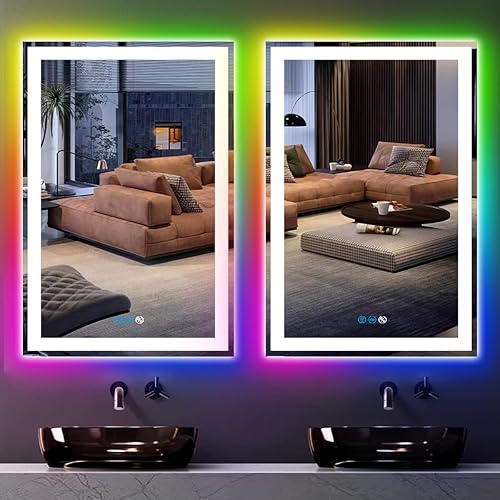 Miniatura 7 de Espejo de baño LED cuadrado de 30 x 20 pulgadas con luces delanteras, 3 colores + retroiluminación RGB arco iris, espejo iluminado para baño, espejo