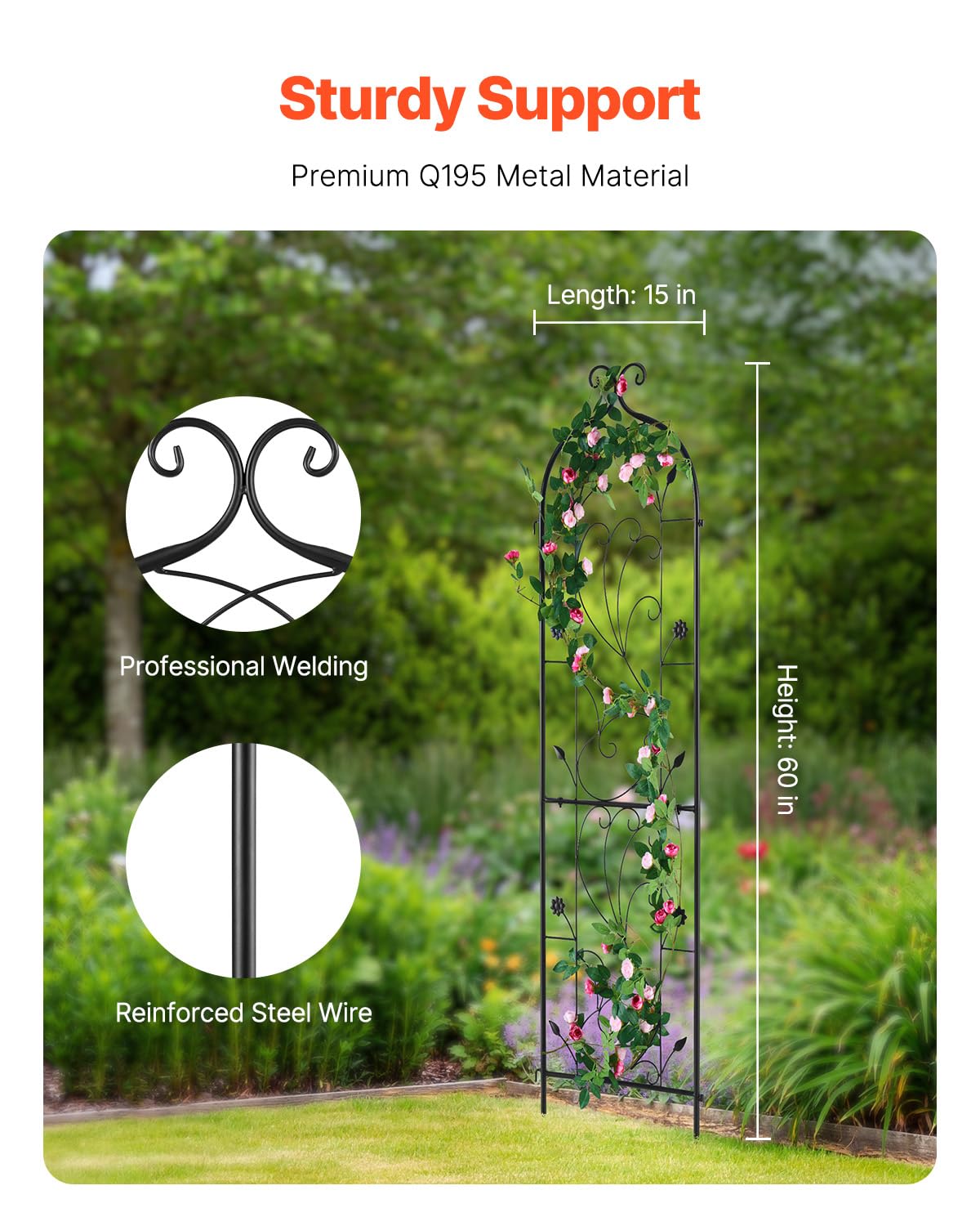 VEVOR Traliccio da Giardino Rampicanti per Piante Fiori in Metallo Antiruggine, Supporto per Traliccio per Rose Rampicanti da Esterno, Traliccio Decorativo per Clematide Alta per Cortili 38 x 152 cm