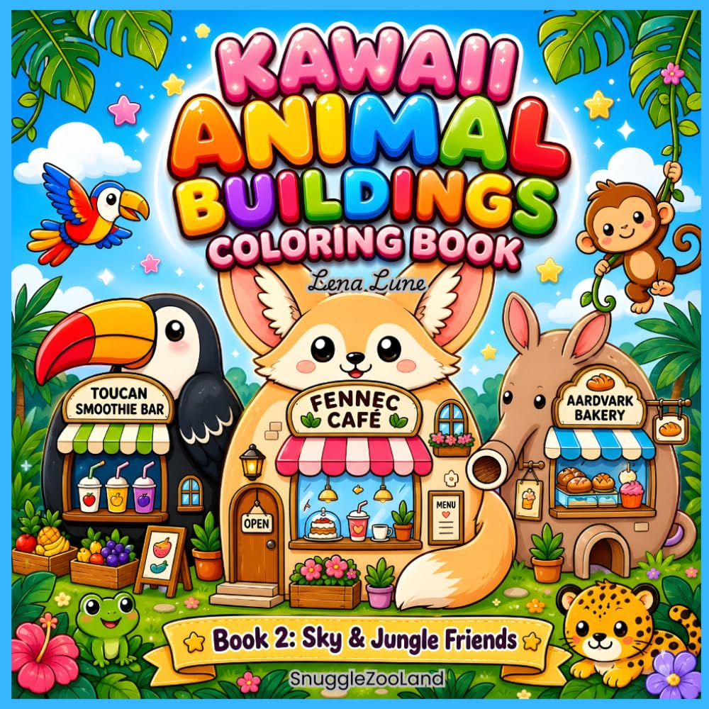Kawaii Animal Buildings Coloring Book: Book 2: Sky & Jungle Friends