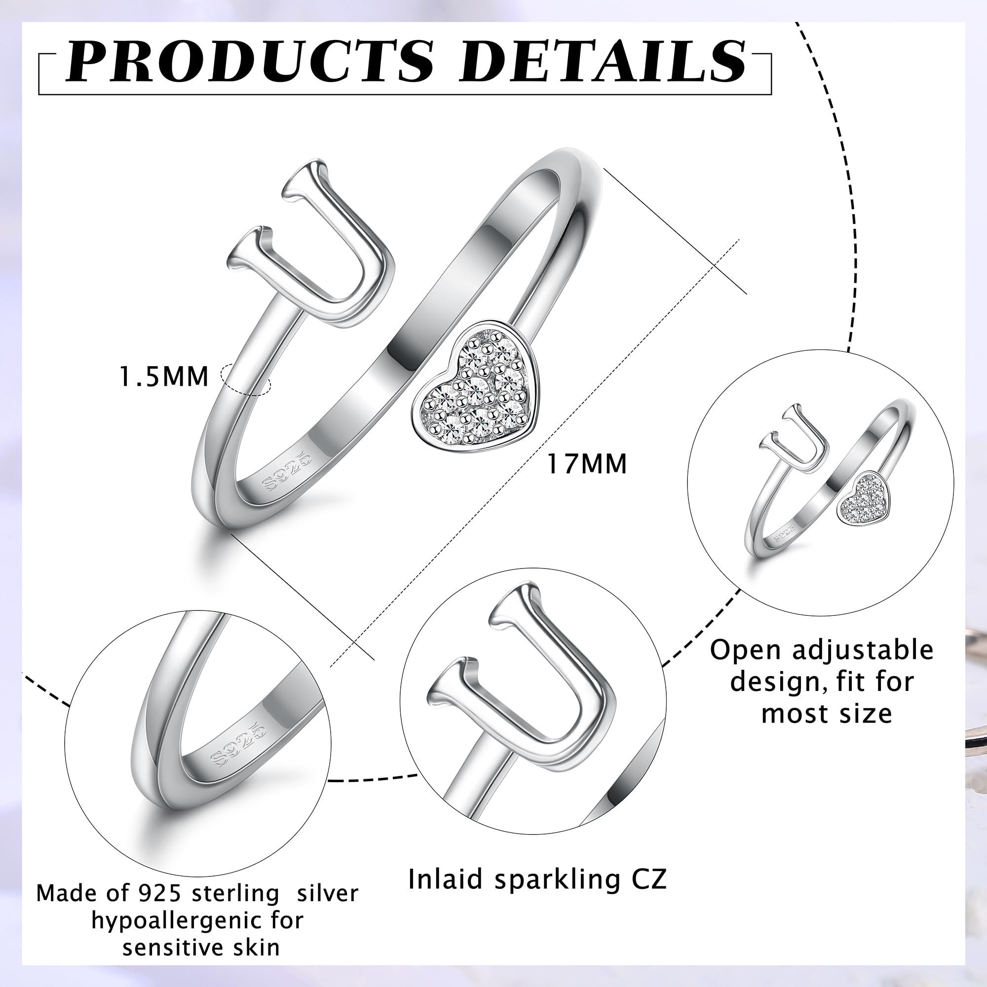 Anillos de Plata de Ley 925 con Inicial de corazón para Mujeres y niñas, Anillos apilables Ajustables con Letras del Alfabeto chapados en Oro de 18 Quilates para Adolescentes