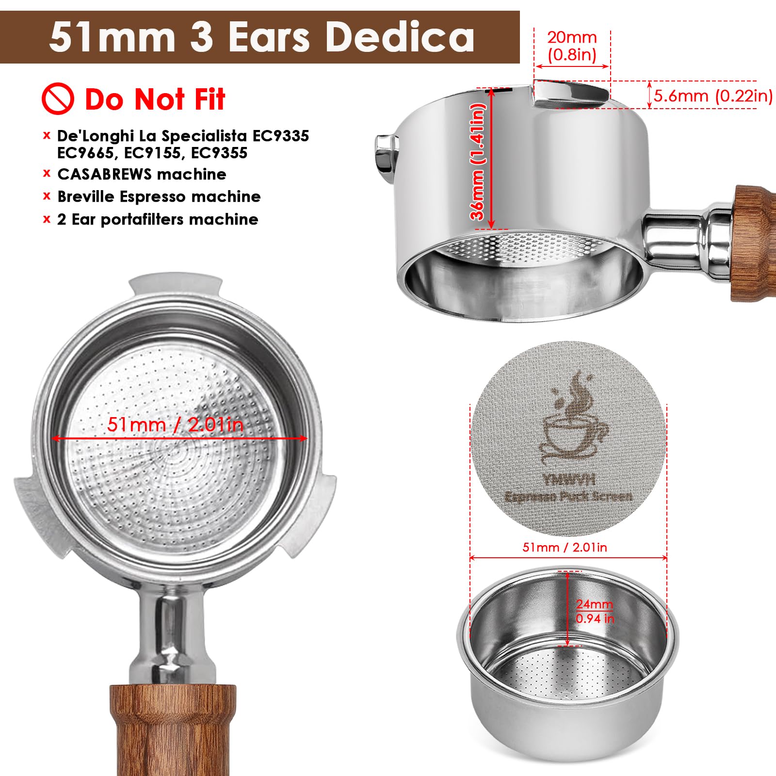 Bodenloser Siebträger 51MM 3 Ears, Siebträger 51mm Kompatibel DeLonghi Dedica EC680/EC685/EC885 Kaffee Maschinen, Bottomless Portafilter mit Puck Screen und Filterkorb Edelstahl, Palisander Holzgriff