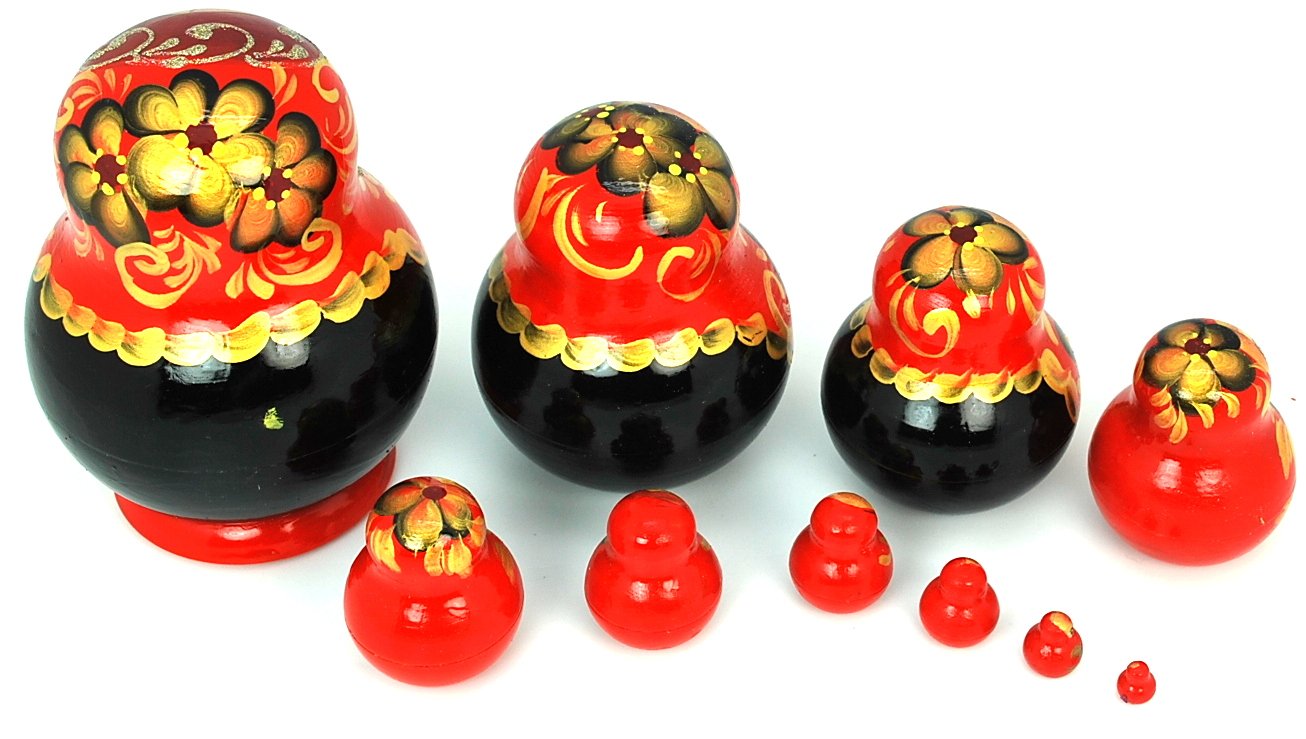 Unique Authentic Russian Hand Painted Handmade Red Floral Nesting Dolls Set of 10 Pcs Matryoshkas