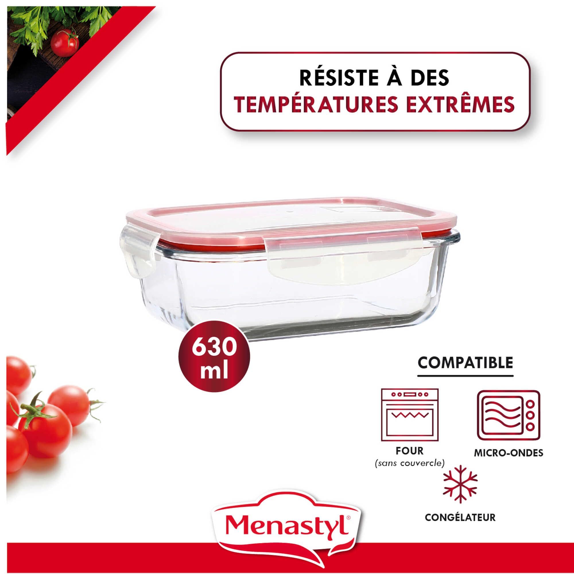MENASTYL - Set di 6 contenitori ermetici in vetro borosilicato Clementine con coperchi - 630 ml - Impilabili - Ideale batch cooking - 6014015