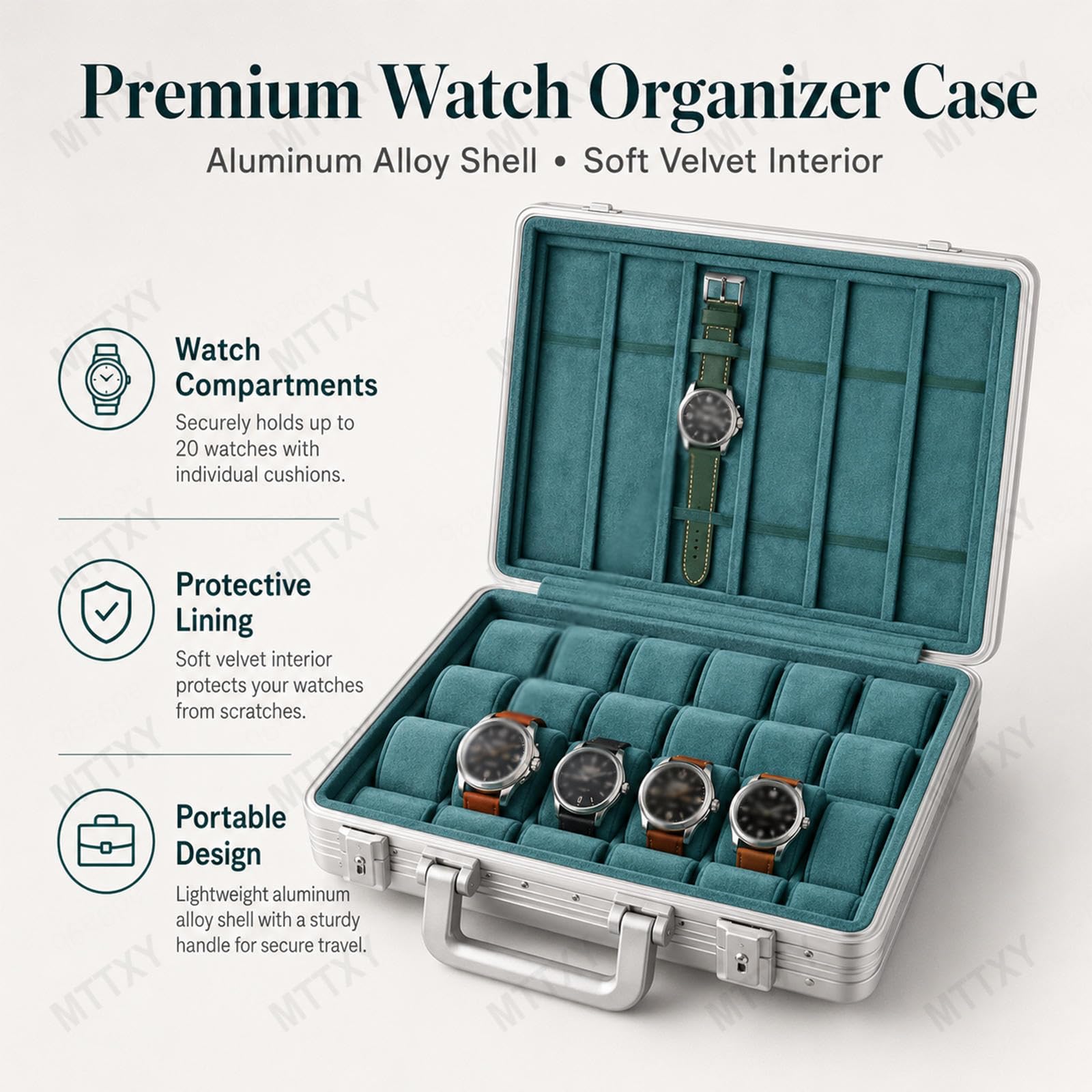 Uhrenbox 24+6, Aluminium Tragekoffer für Reise und Ausstellung,Green | Uhrenorganizer mit herausnehmbaren Tabletts, weichem Innenfutter und Fächern für Bänder und Zubehör,Green