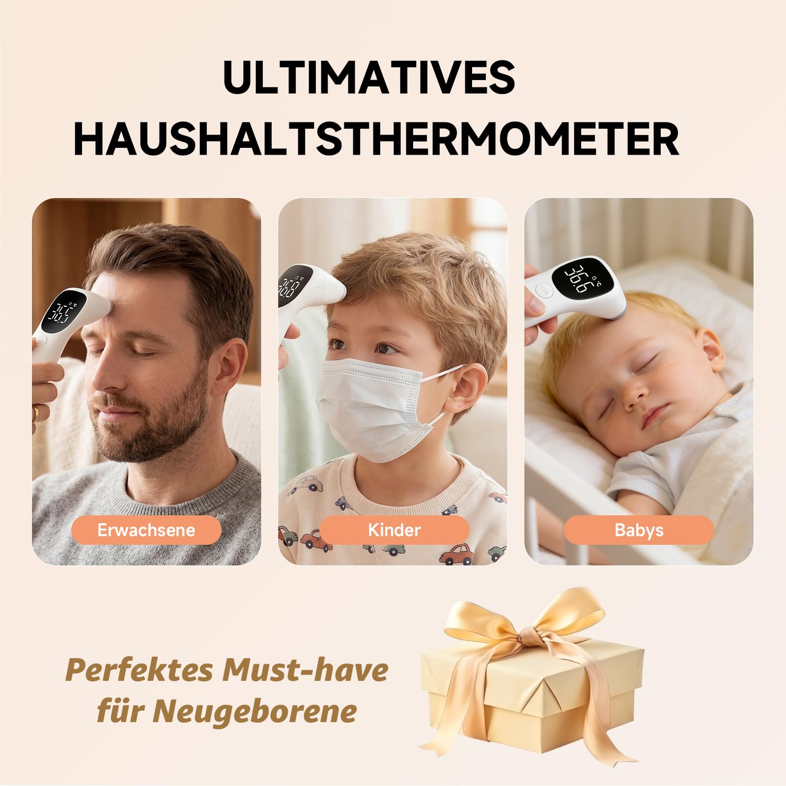 Einzigartiges handgezeichnetes Muster | Digitales berührungsloses Ohrthermometer - geeignet für Erwachsene und Babys, mit Memory-Funktion (Bärchen)