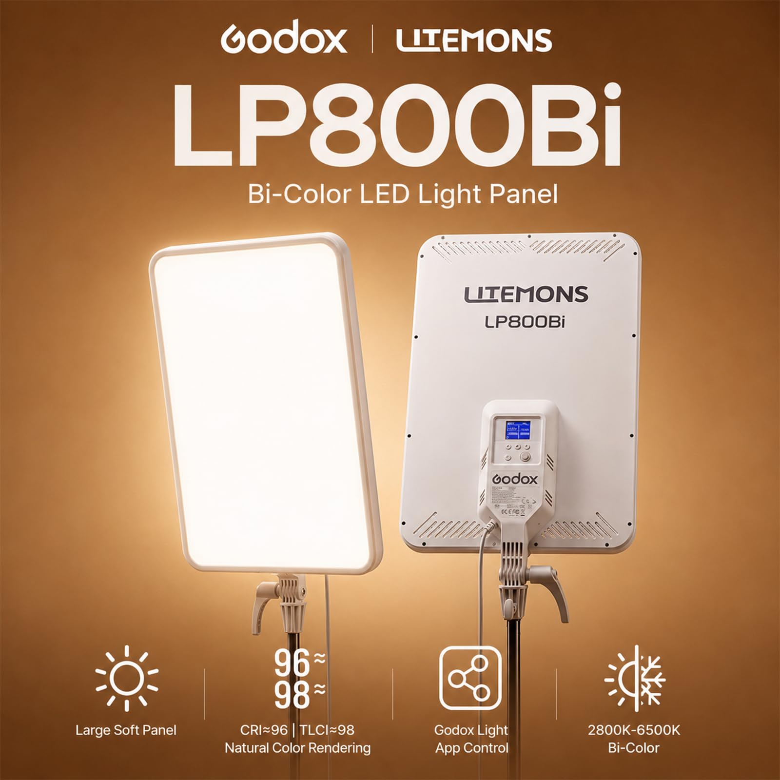 Godox LP800Bi Panneau LED 85W Bi-Color 2800-6500K CRI96 Studio Vidéo