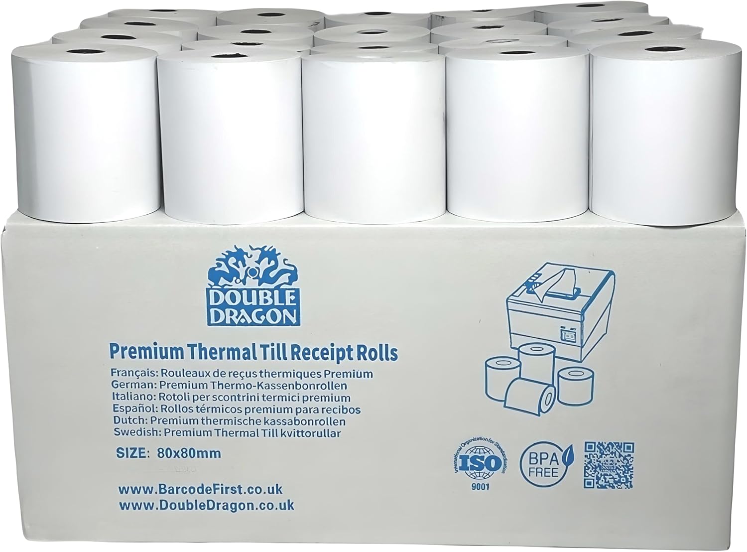 Double Dragon, 80 x 80 mm Premium Thermal Paper Till Receipt Roll for EPOS Printer, POS Terminal, Cash Register [Pack of 10]