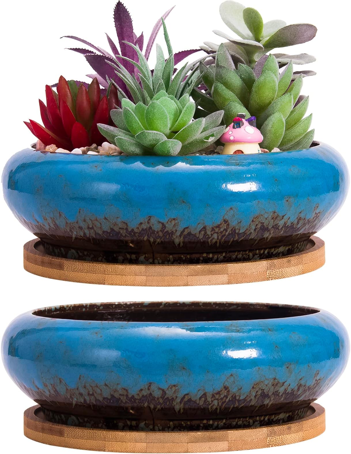 ARTKETTY Succulents Plants Artificial - 7.3 Inch Large Potted Fake Succulent Plants for Home Office Desk Decor, Realistic Faux Succulents in Glazed Ceramic Pots