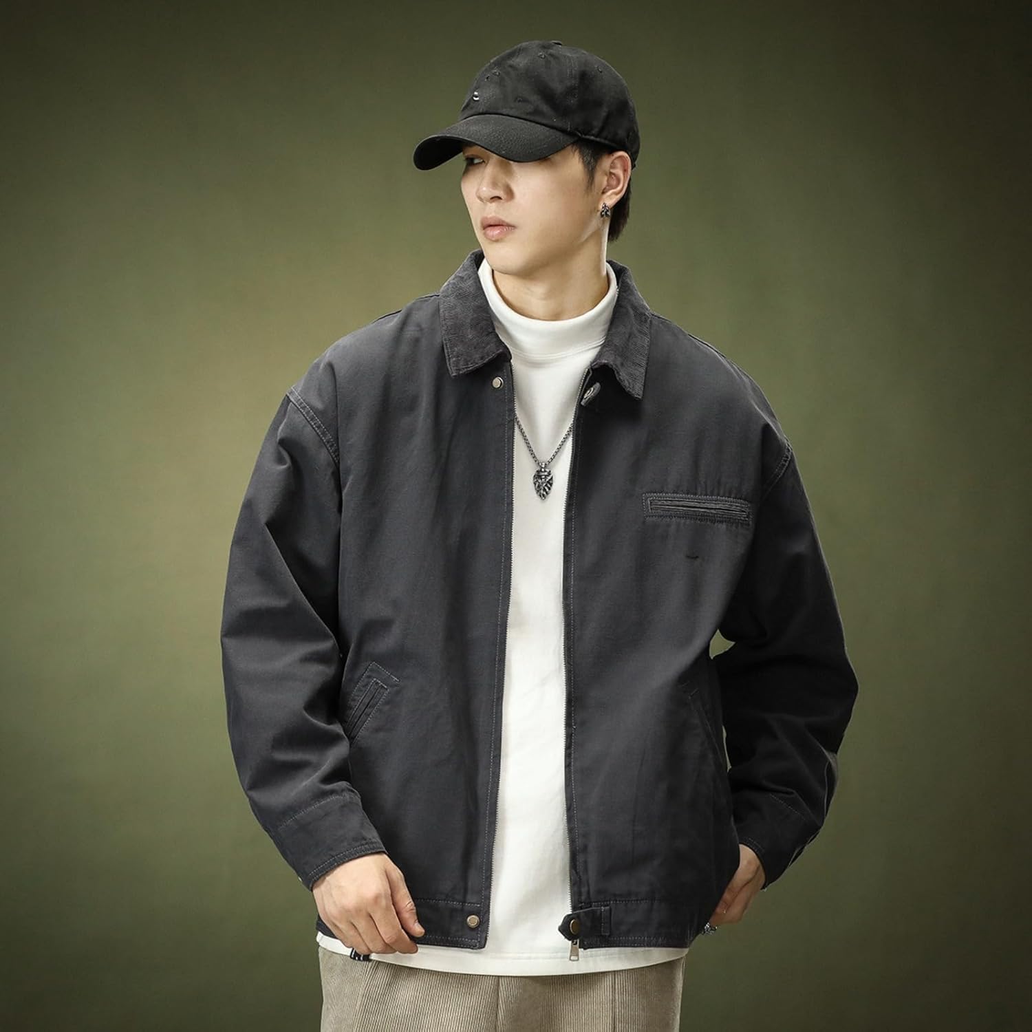 Retro Workwear Jacket, Men's Lapel American Autumn Loose Large Size Casual Top