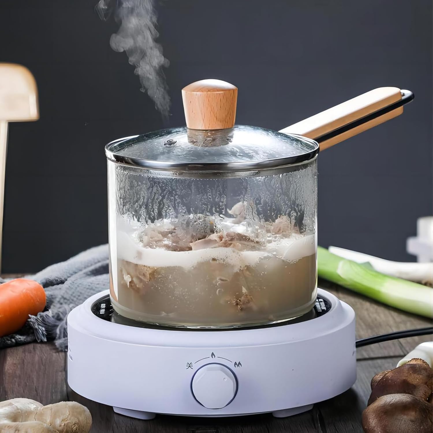 Glass Pots for Cooking with Lid, Glass Saucepan Cooking Pot Glass Simmer Pot with Wooden Handle, Heat Resistant Borosilicate Glass Cooking Pot for Pasta Noodle Milk Salad Food,2L