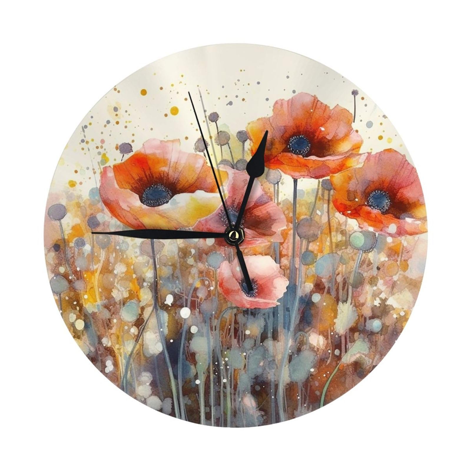 FodPand Watercolor Red Flowers Wall Clock - 10 Inch Silent Non-Ticking Modern Wall Clocks Battery Operated - Classic Simple Minimalist Analog Round Decorative Clock for Kitchen, Home, Office