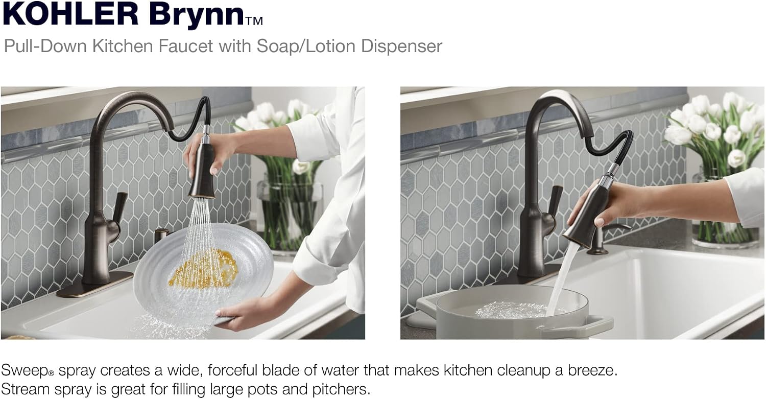 KOHLER Brynn Pull Down Kitchen Faucet, 2 function sprayhead, Magnetic Docking, Oil Rubbed Bronze, K-R23089-SD-2BZ