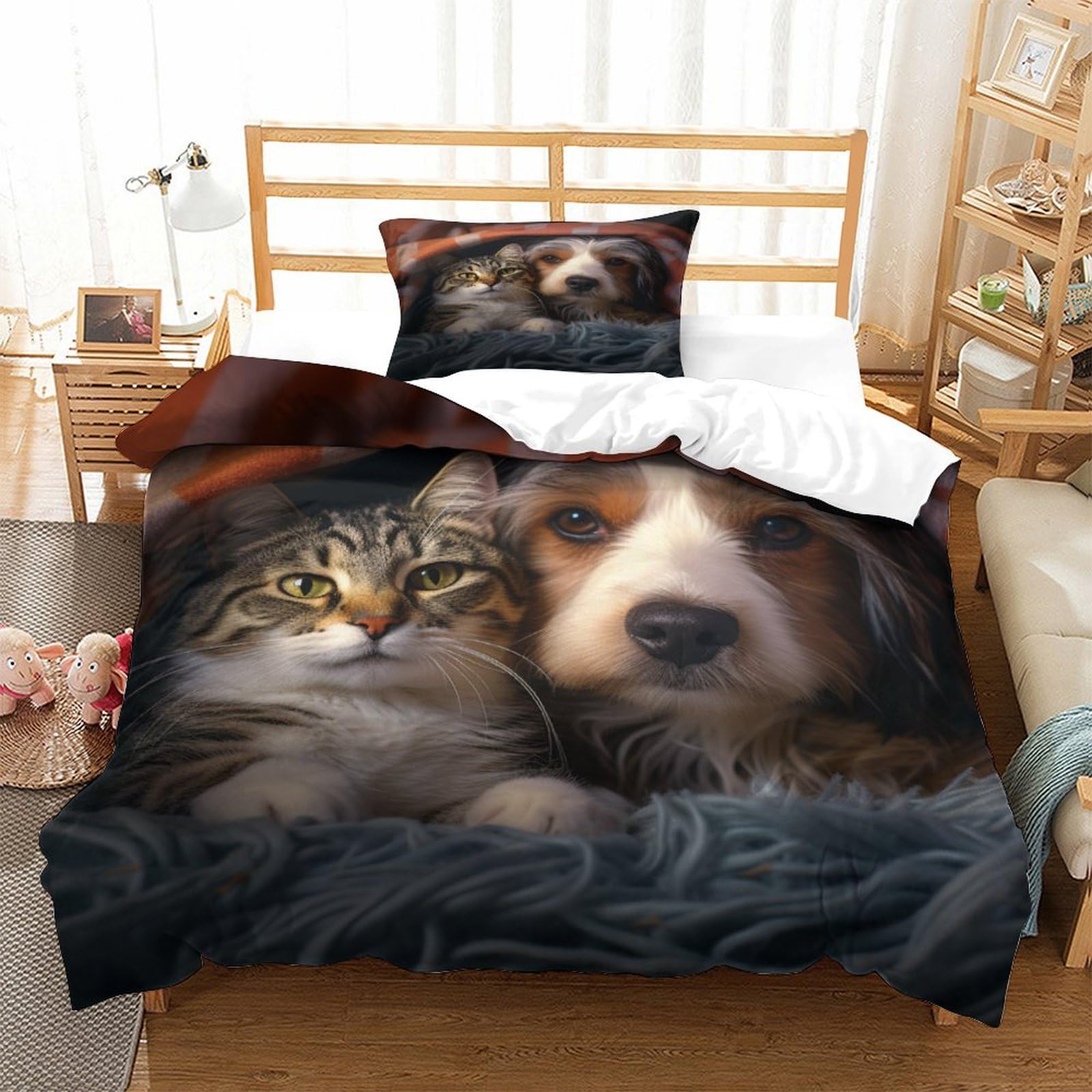 P1S9U7W5Y Adorable Pet Style 3D Printed Duvet Cover Set 3 Pieces Microfiber Bedroom Decor Dog and Cat Bedding Set for Adults Teens Soft Breathable Single（135x200cm）