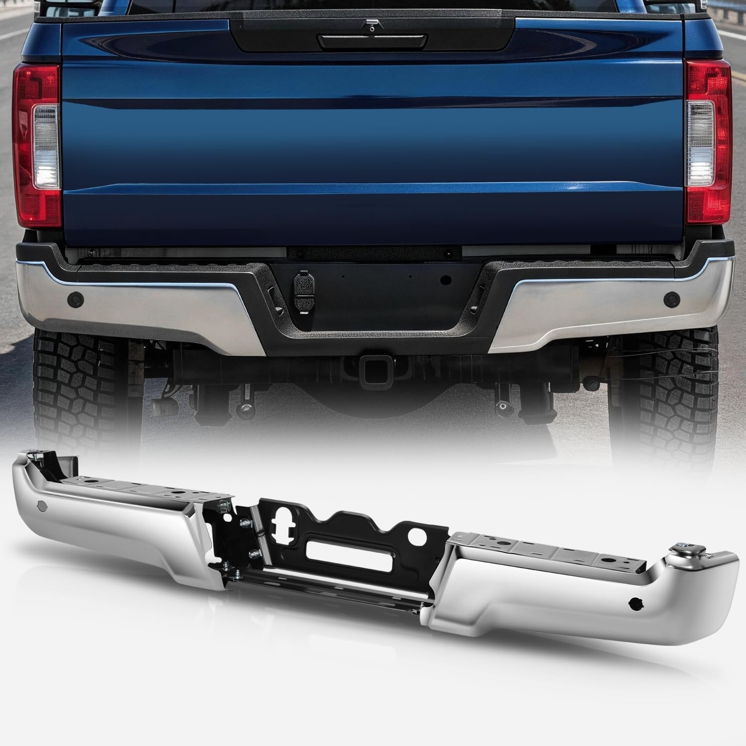 Auto Dynasty Rear Bumper Step Bar Replacement Compatible with 2017-2022 Ford F-250 350 Super Duty, Non Parking Sensor Holes, FO1103201, Polished Chrome, 17 18 19 20 21 22