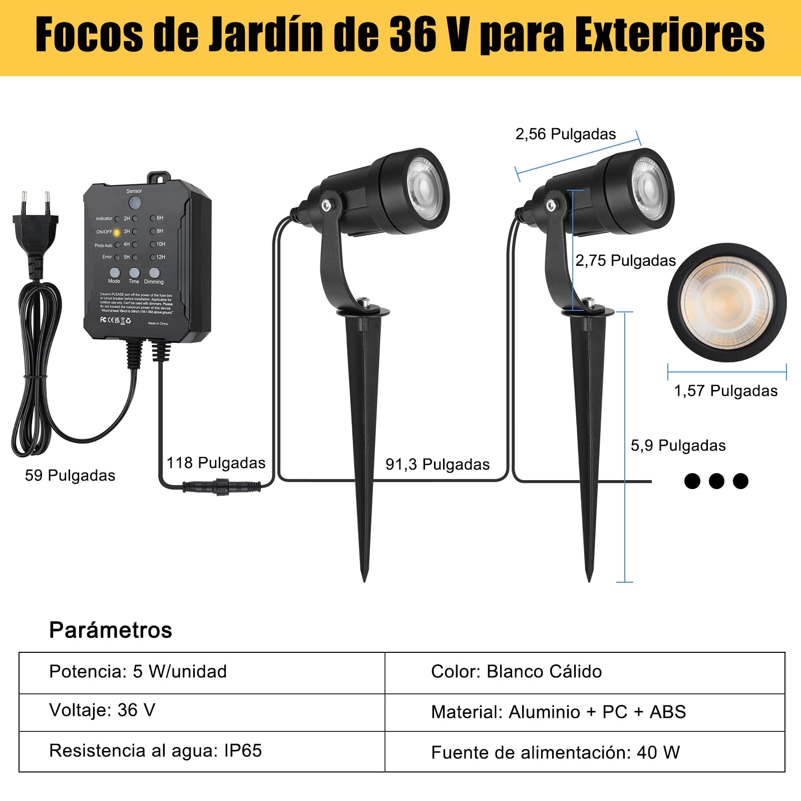 COOLWEST Luces LED Exterior Jardin con Sensor de Luz, 20M 8x5W Focos LED Exterior Blanco Cálido 3000K Impermeable IP65, 36V Lámpara de Jardín con Temporizador para Patios, Entrada de Vehículos
