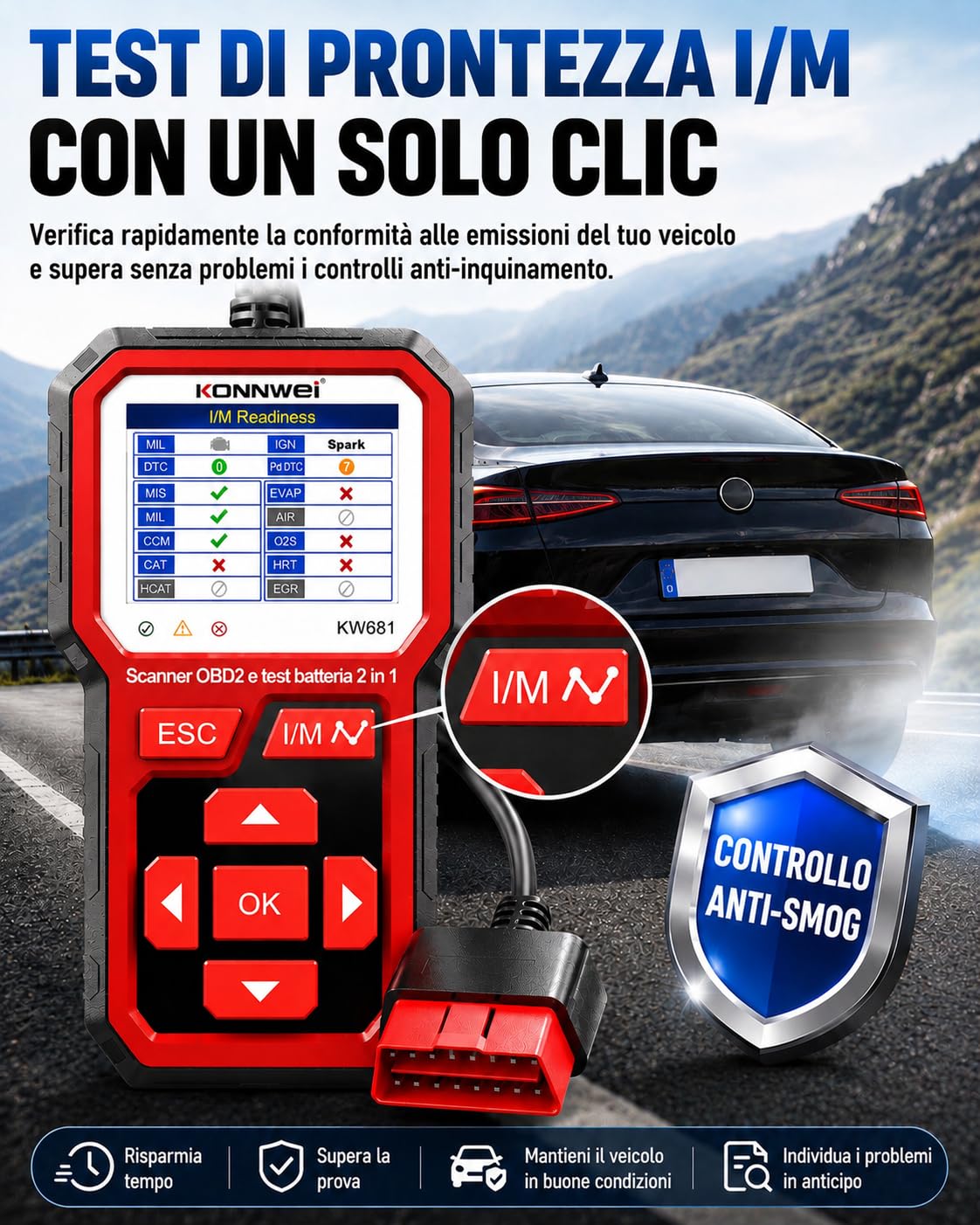 KONNWEI KW681 - Valigia diagnostica auto 2 in 1, lettore OBD2 diagnostico auto con tester batteria auto 6 V/12 V, test batteria CCA/SOH/SOC, compatibile con veicoli Benzina | Diagnosi del veicolo