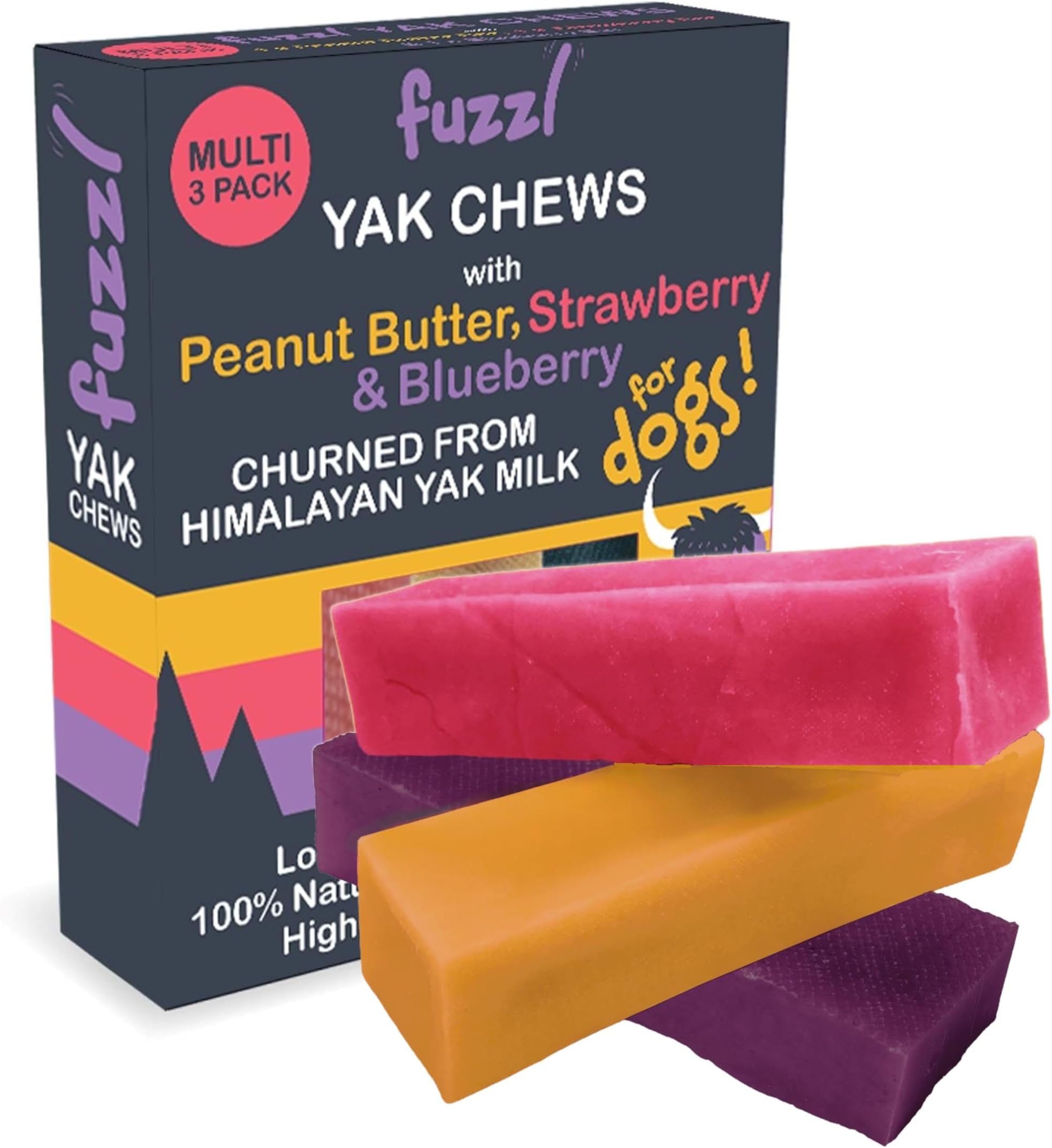 Fuzzl Himalayan Yak Chews for Dogs 3 Pack Peanut Butter, Strawberry & Blueberry Premium Natural Dog Treats - Dog Food Natural Chews Long Lasting Dental Sticks 195g