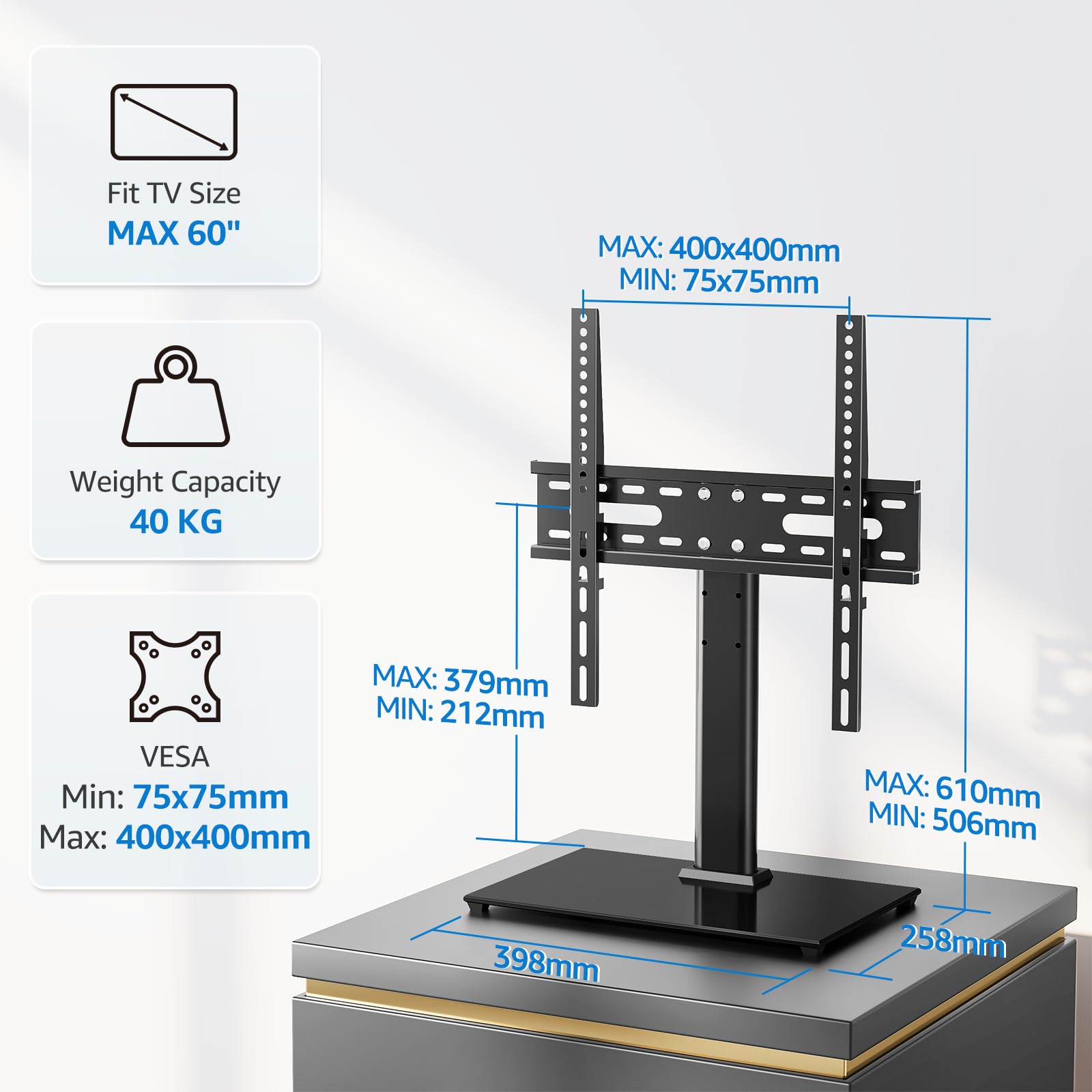 MONTUP Universal TV Stand for 24–60 Inch TV, Height Adjustable Table Top TV Stand Up to 40KG, Pedestal with Bracket Max VESA 400x400mm, EU1335 — view 6