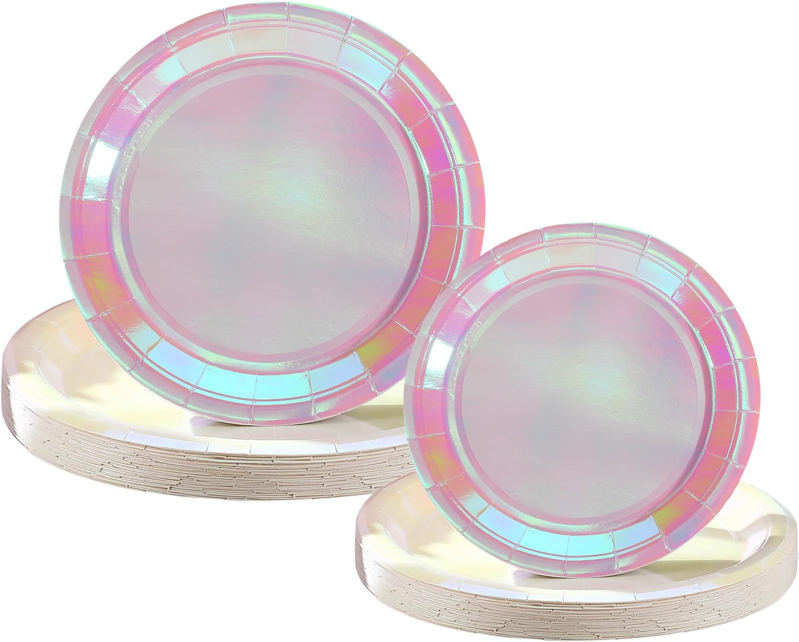 Newtay 50 Pcs Pink Holographic Paper Plates Iridescent Foil Disposable Plates Round 7" and 9" Holographic Party Dinner Plates for Birthday Wedding Baby Shower Party Supplies