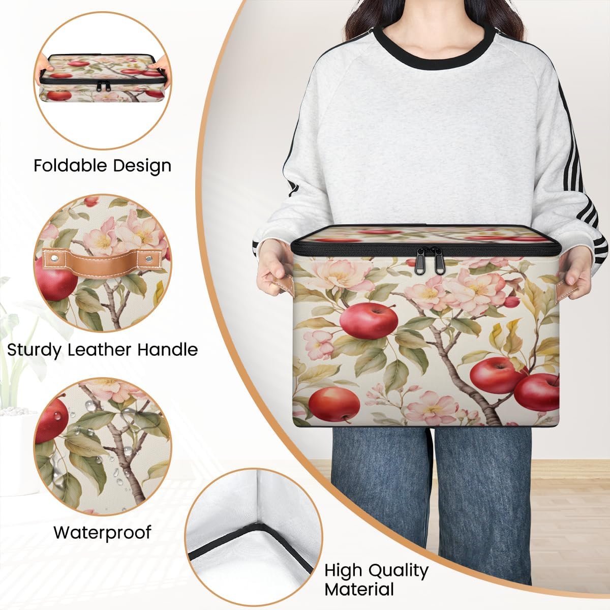 Storage Bin Set of 2 Flower Apples Storage Basket with Zipper Lid & Handle Foldable Closet Shelf 2 Pack Cloth Organizer Basket Cube Bins Clothes Organizer for Nursery, Bedroom