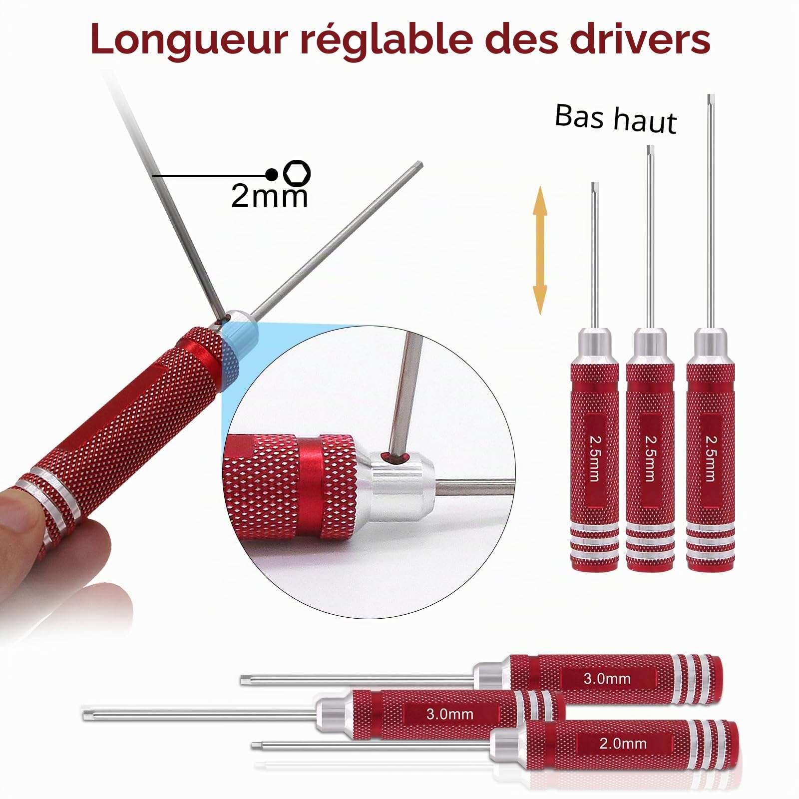 Kit d'outils RC 19 en 1 - Tournevis RC - Écrou Hexagonal Hexagonal - Tournevis cruciforme - Pince RC - Kit de réparation pour 1/8 1/10 Traxxas Axial Arrma DJI - Rouge