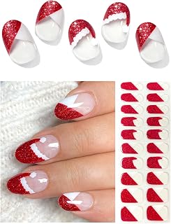 Semi Cured Gel Nail Strips (Santa Hat French), Red Glitter, 20 Pcs Christmas Gel Nail Wraps, Stickers, UV Light Required, Salon Quality