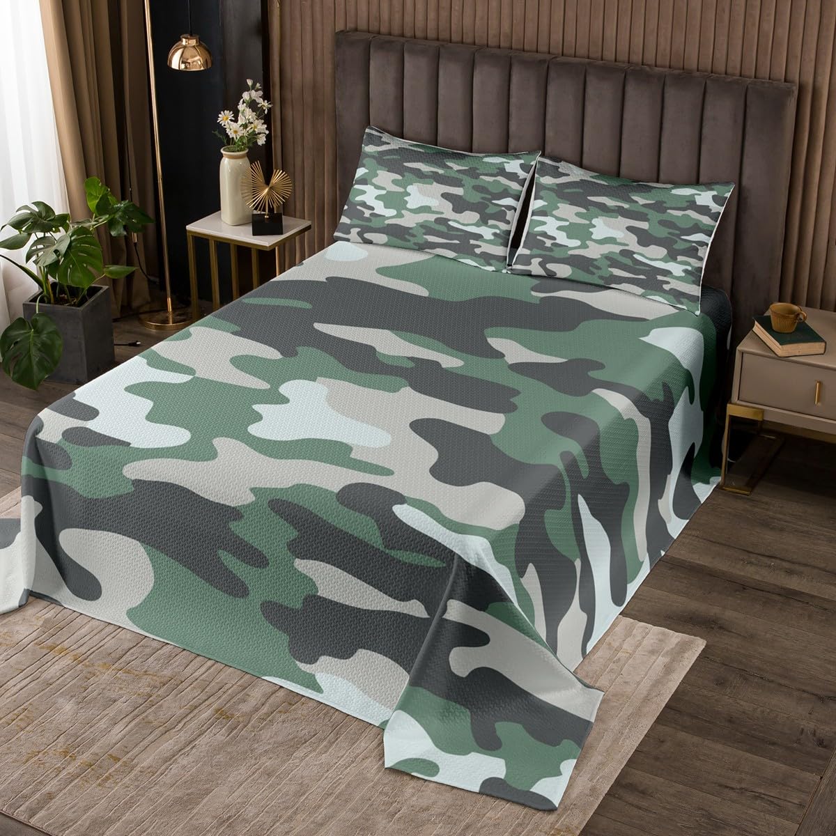 jejeloiu Camouflage Bedspread Kids Camo Coverlet Set Twin Size Military Style Quilted Coverlet for Room Decor Teal Green Borwn Black