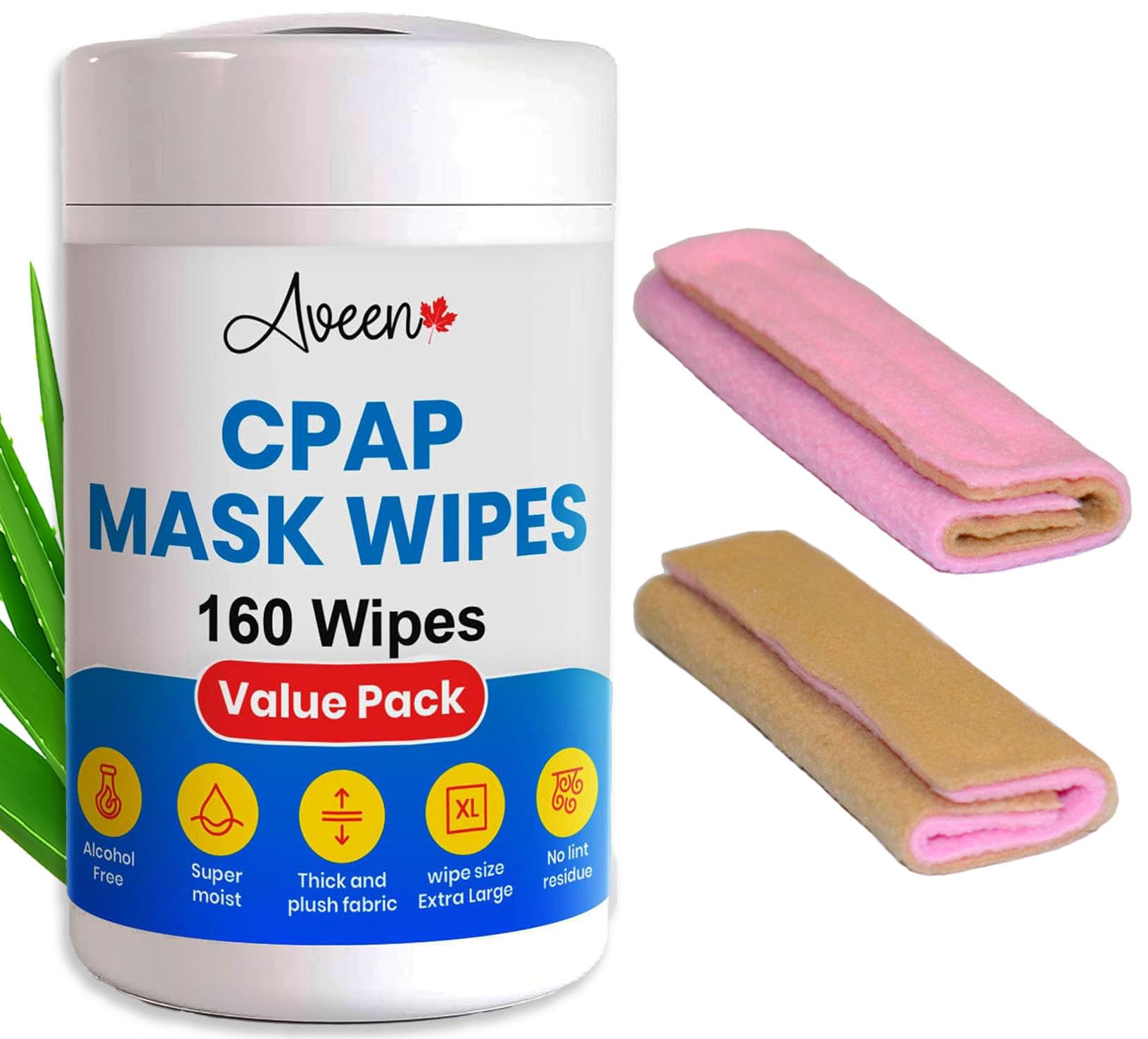 Aveen CPAP Mask Wipes 160 Count with 2 CPAP Strap Covers, Extra Large Unscented CPAP Cleaning Wipes for Mask, Machine & Accessories, Lint Free, Alcohol Free and Universal Soft Fleece CPAP Covers