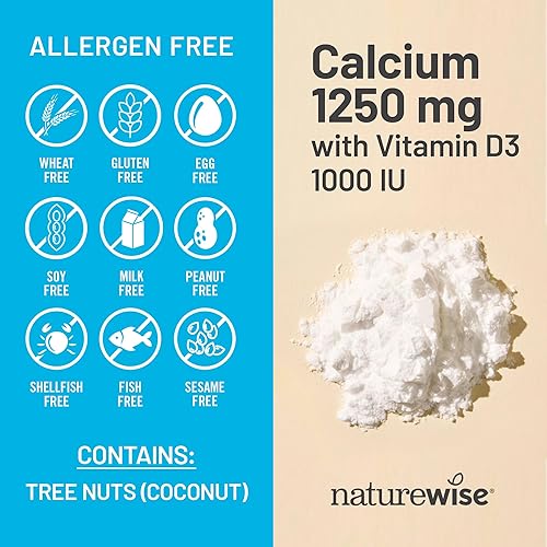 Miniatura 5 de NatureWise Calcio totalmente natural de alta pureza de 1250 mg + vitamina D3 1000 IU + aceite de coco orgánico MCT, seguro para el embarazo + sin