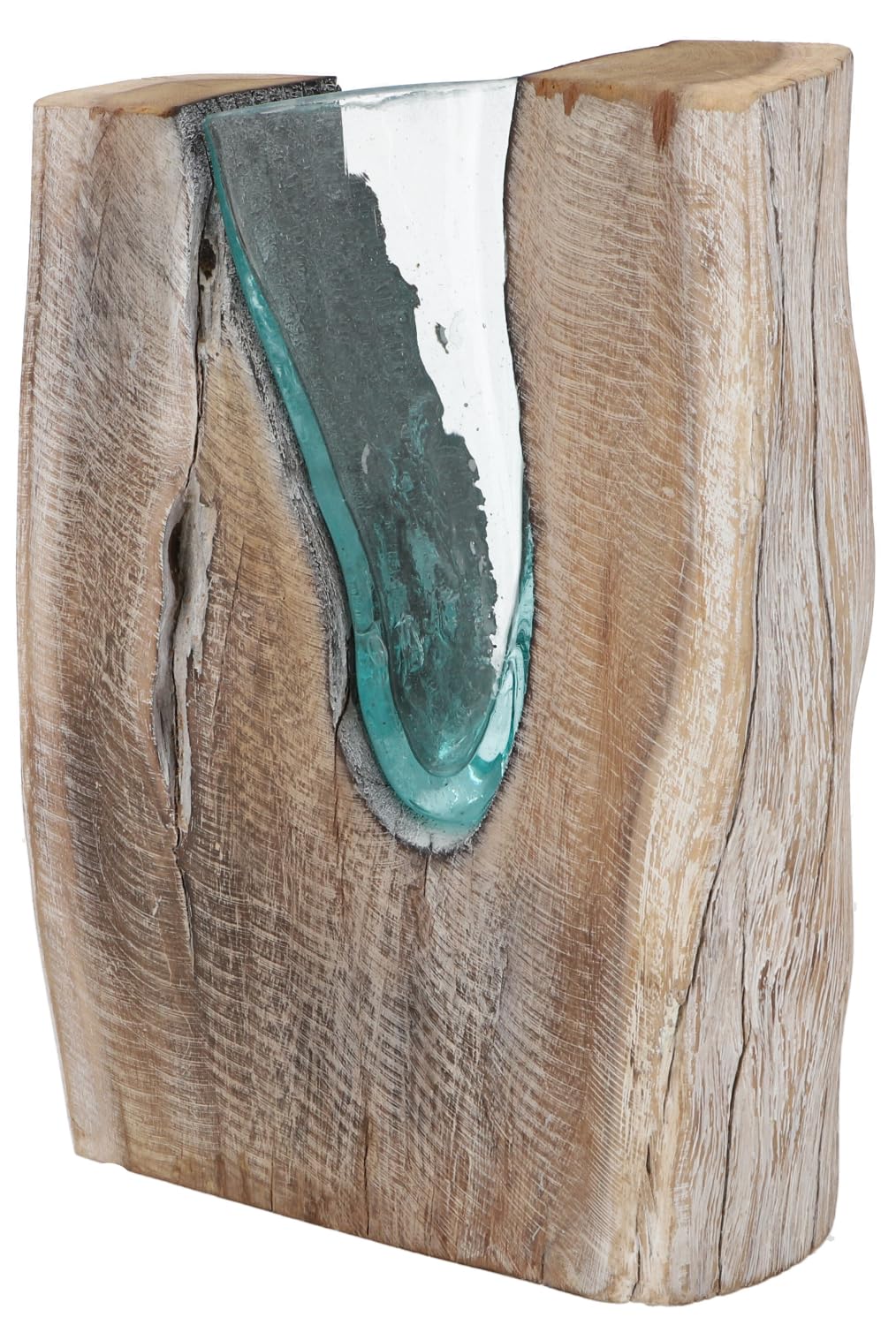 GURU SHOP Jarrón de cristal reciclado, jarrón de cristal de madera de teca – M14, 33 x 25 x 8 cm