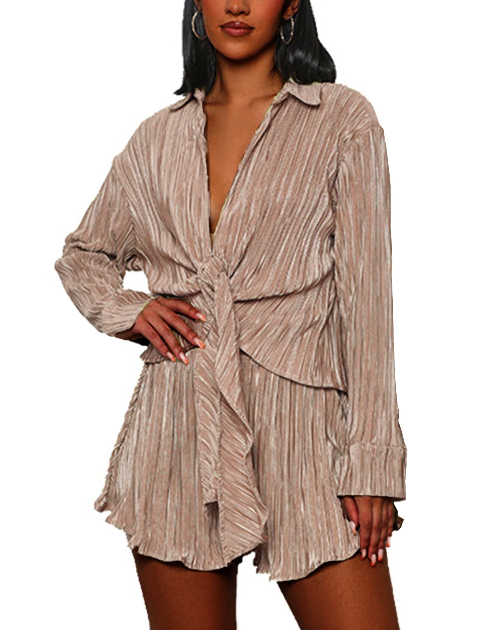 MintsnowWomen's 2 Piece Pleated Pants Set Long Sleeve Tie Front Shirt Blouse Top Wide Leg Pants Outfits Sets