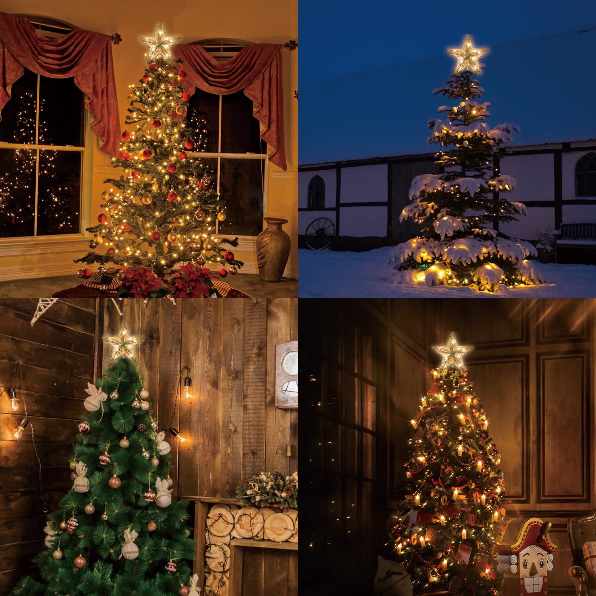 LAMPHOME 11" 10L Lighted Gold Glitter Thread Christmas Star Tree Topper ,Lighted Star Tree Topper, Gold Tinsel Wired Design,Warm White - Image 5