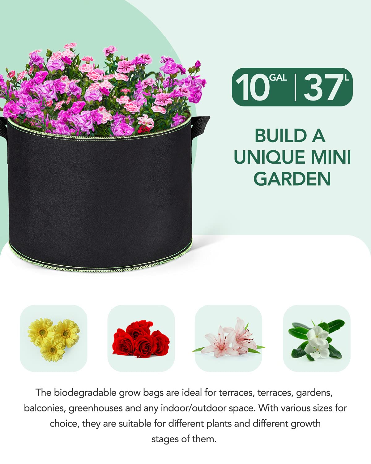 5-Gallon Reusable Plant Growing Bags, 10-Pack Breathable Non-Woven
