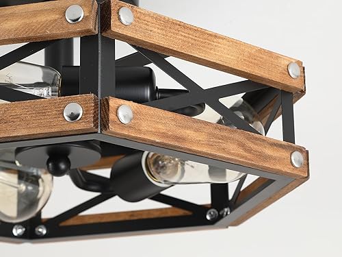 Miniatura 6 de Paquete de 2 lámparas de techo de 3 luces rústicas de madera de granja empotradas de madera de roble y jaula de metal, lámpara de techo