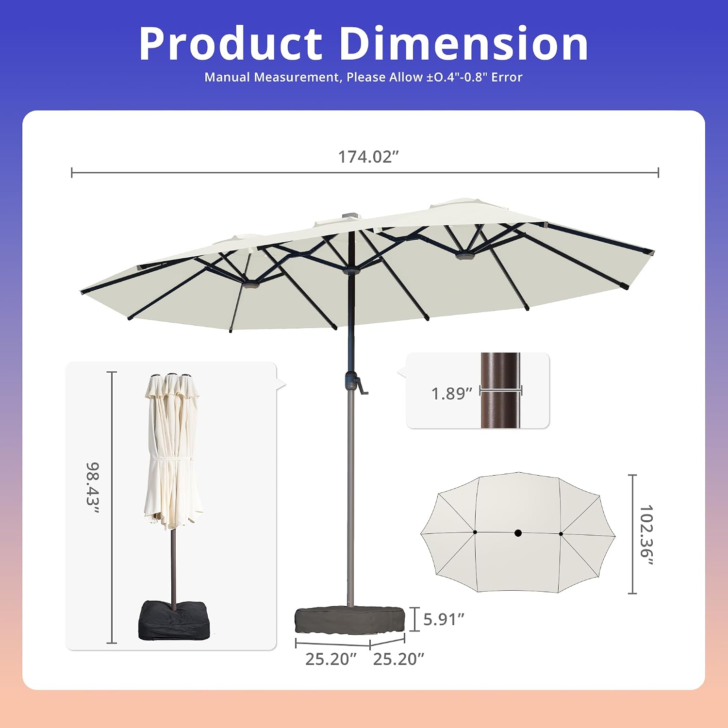 15ft Large Patio Umbrellas with Base Include,Outdoor Rectangle Double-Sided Market Umbrella with Stand for Backyard Poolside Lawn