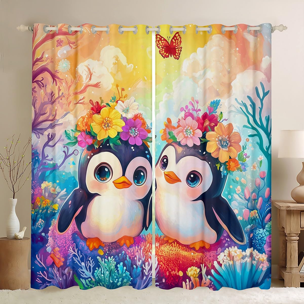 Manfei Penguin Kids Blackout Curtain Watercolor Marine Life Window Drapes for Boys Girls Room Decor Floral Animal Window Treatments