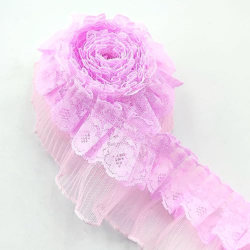 Miniatura 2 de YOOGCORETT 3 yardas de tela rosa plisada con borde de encaje, malla reunida, cinta de gasa, bordada, para costura de bricolaje, boda, vestido de