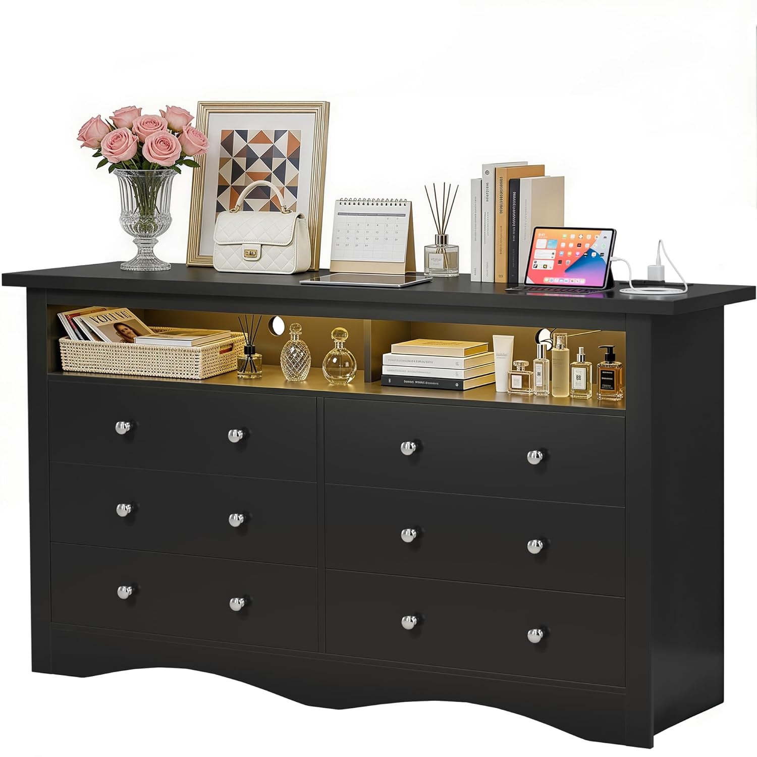 YESHOMY Modern 6-Drawer Dresser for Bedroom with Open Storage Shlef,52" Black Large Drawer Dressers with Charging Station & LED Lights,TV Stand,Wood Chest of Drawers for Living Room