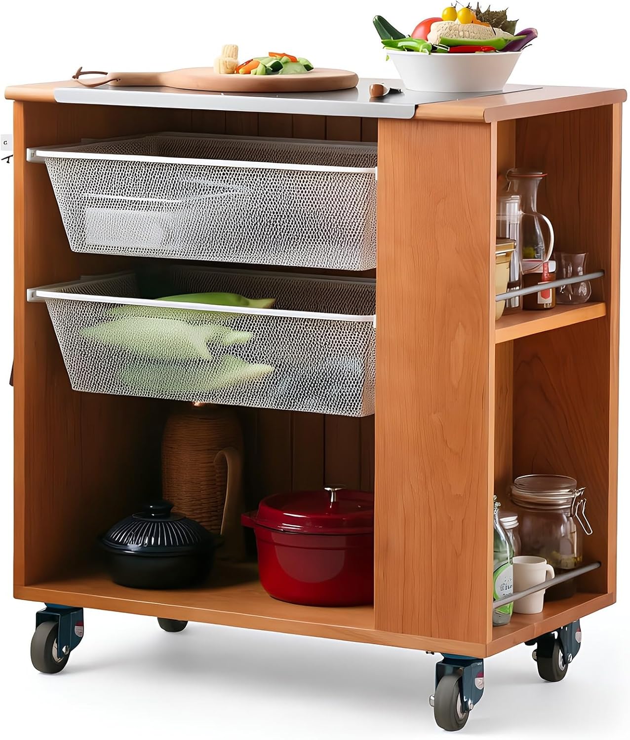 Storage Trolley Wood Rolling Kitchen Island Cart with Stainless Steel Cutting Board & 2 Baskets Shelving Organizer(Orange)