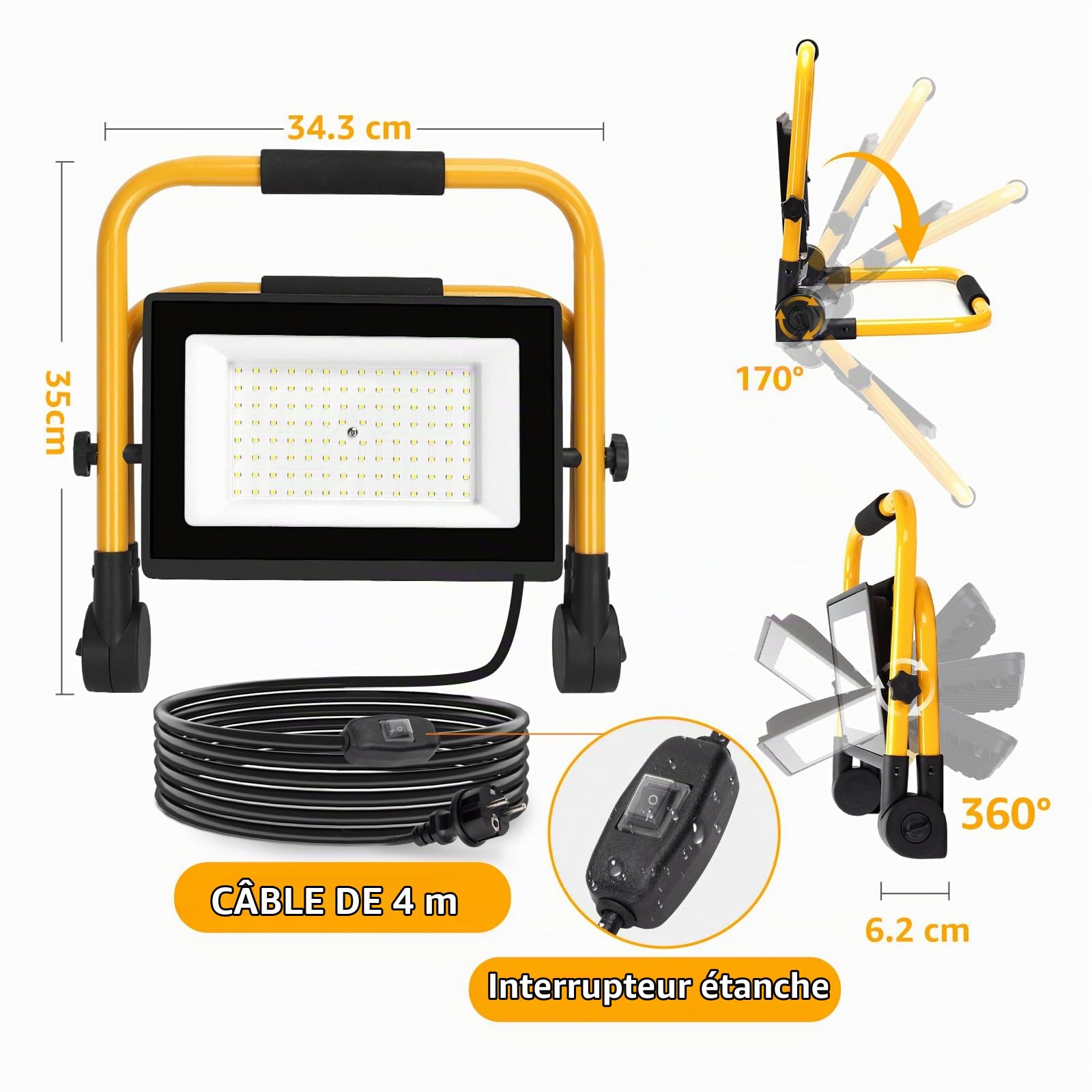 Aigostar - Projecteur de Chantier LED avec Cordon de 4M，100W，2 Pièces，Éclairage Chantier Puissant ，9000LM，Étanche IP65 e Portable，6500K，Lampe Travaux avec Prise，Idéal pour Intérieurs et Extérieurs