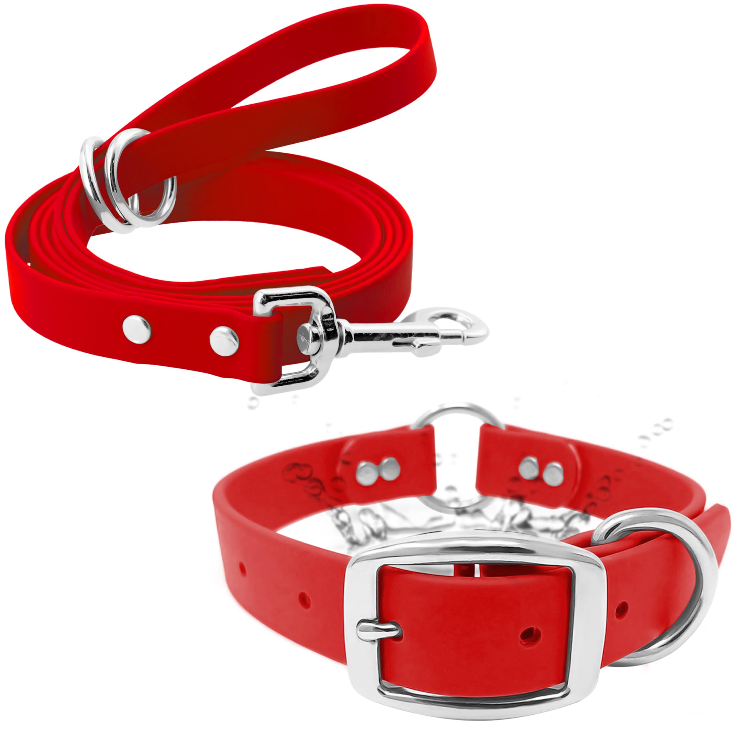 Regal Dog Products Medium Red Waterproof Dog Collar and Leash Set - Vinyl Coated Biothane Pet Training Collar with Heavy Duty Center Ring & 5'ft Leash