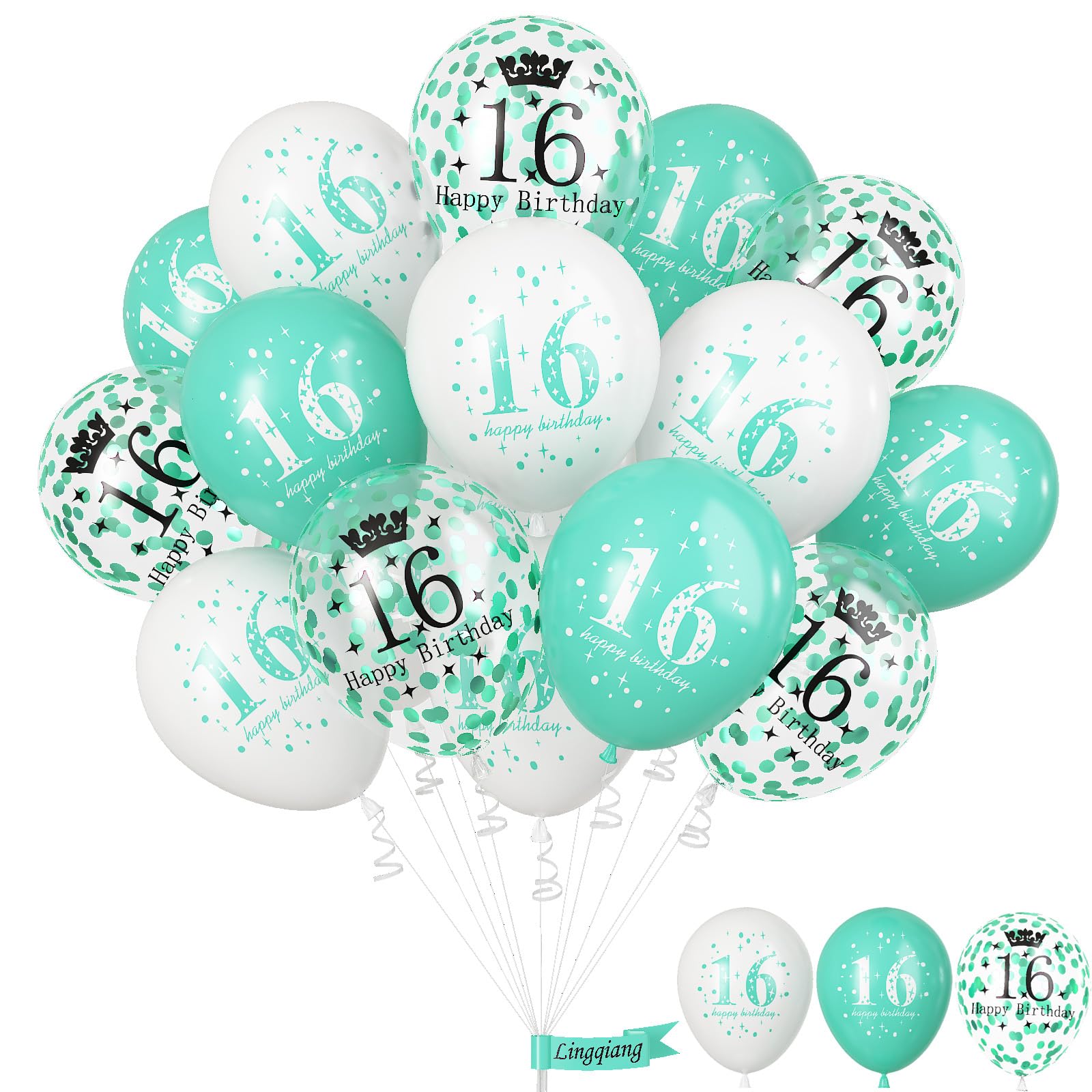 Happy 16th Birthday Balloons Girls, 15pcs Teal White 16th Birthday Decorations Boys, Turquoise White Confetti 16th Bday Party Balloons for Girl Sweet