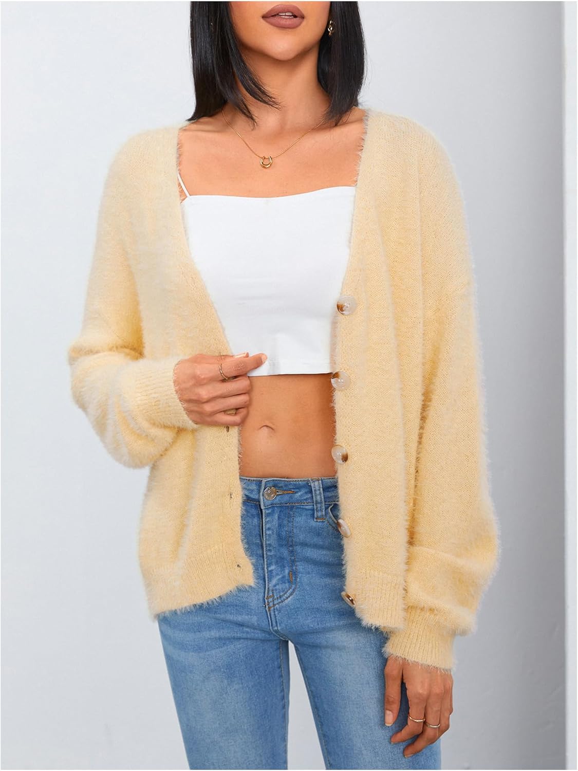 MakeMeChic Women's Fuzzy Cardigan Long Sleeve V Neck Button Down Loose Cardigan Sweater - Image 5