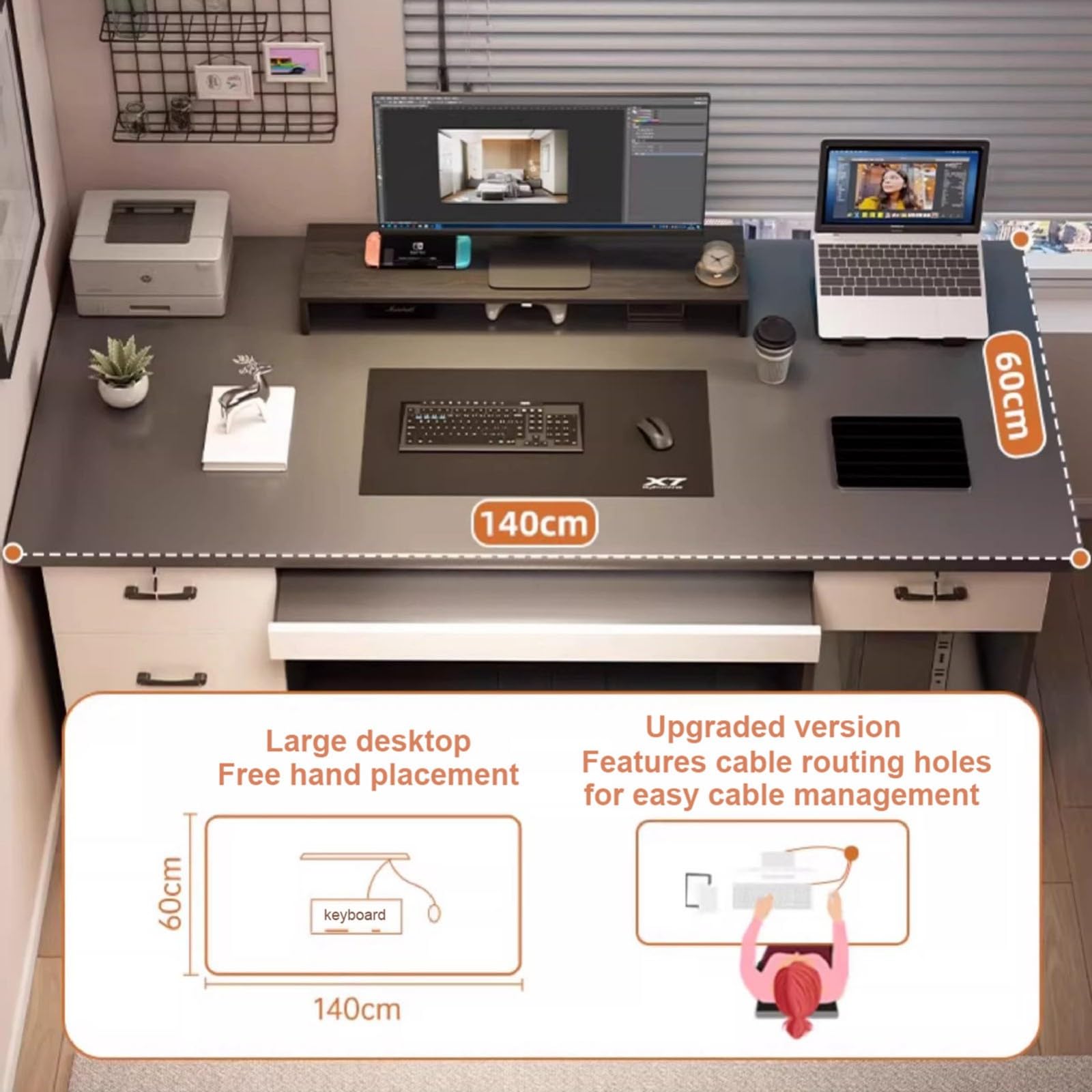 Scrivania Ufficio con 4 Cassetti,Serratura e Piano Tastiera con Vano PC Rialzato,Design Moderno Salvaspazio per Casa Studio e Ufficio A,140CM
