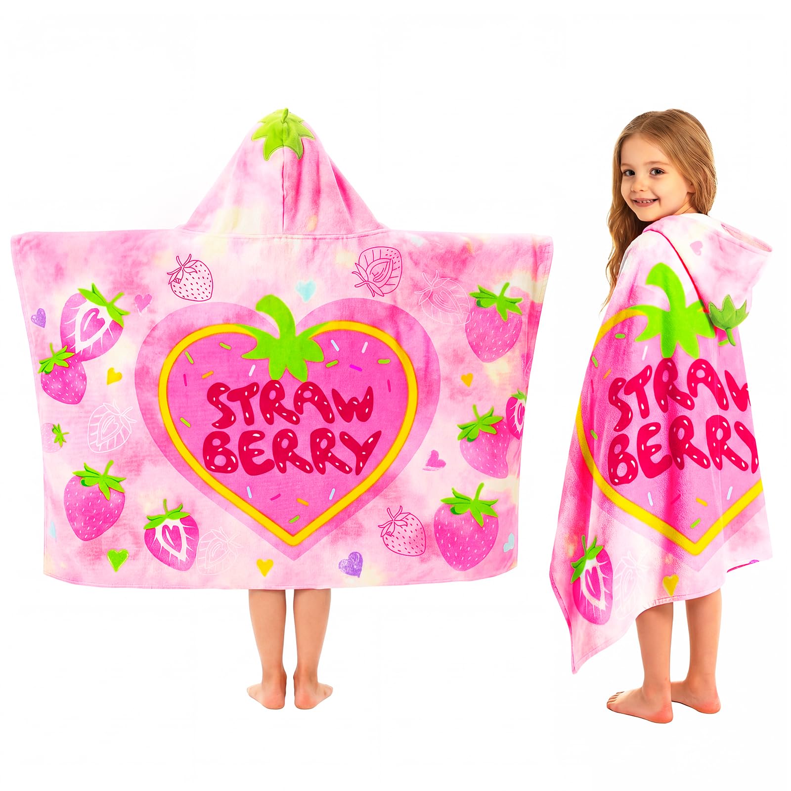 PinkSheep Hooded Towels for Girls, 100% Cotton Swimming Towels for Kids, 75 x 127cm Beach Towel for Pool Bath Swim Girls Age 3-6 Years (Strawberry)