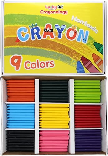 Lucky Art - Crayones de cera sin envolver, paquete a granel de 450 unidades, preclasificados en 9 colores vibrantes para niños y profesores,