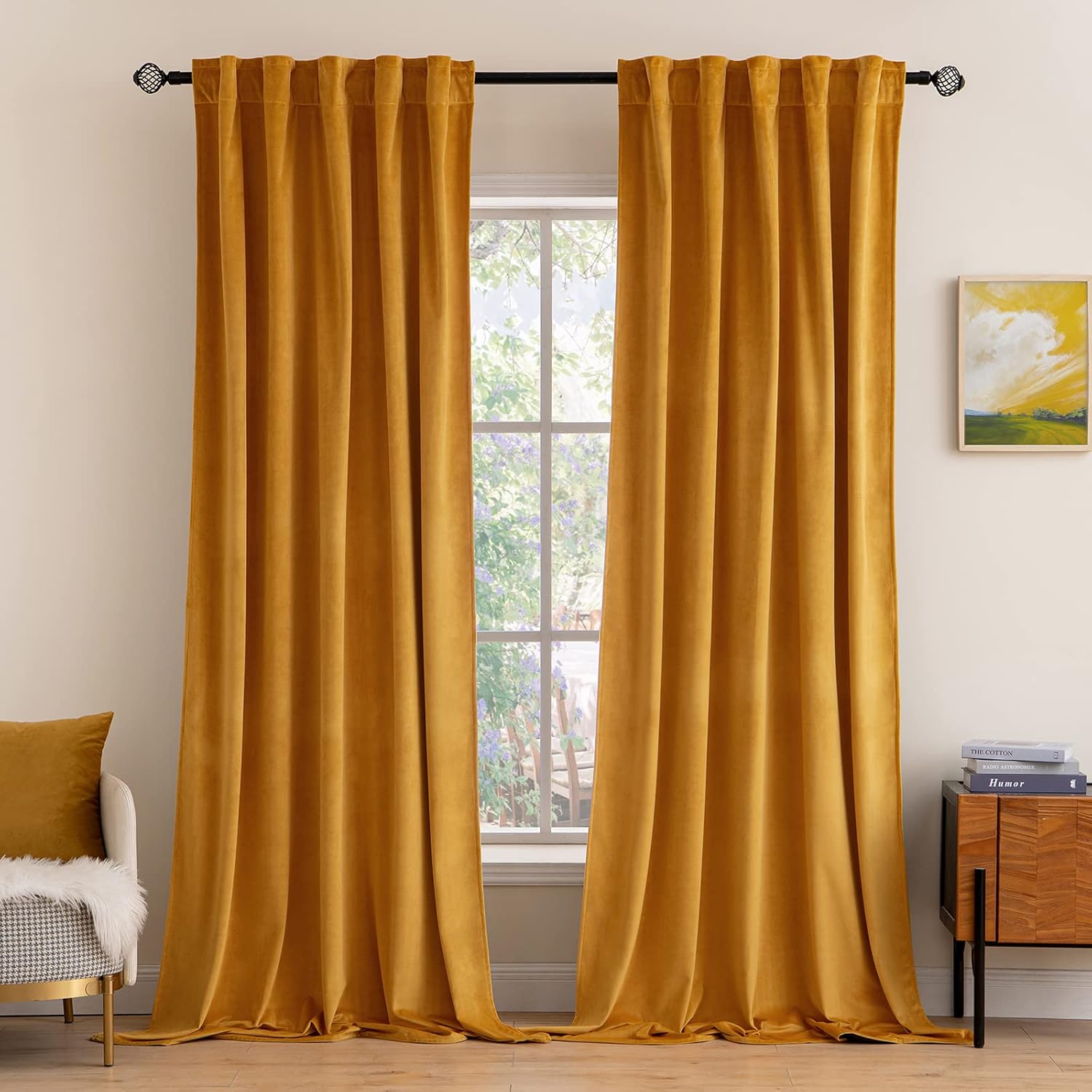 Velvet Curtains 84 inches Luxury Blackout Curtains for Bedroom Living Room Thermal Insulated Soft Window Drapes Back Tab, Mustard Yellow 2 Panels Bundle 100% Blackout Velvet Curtains 2 Panels
