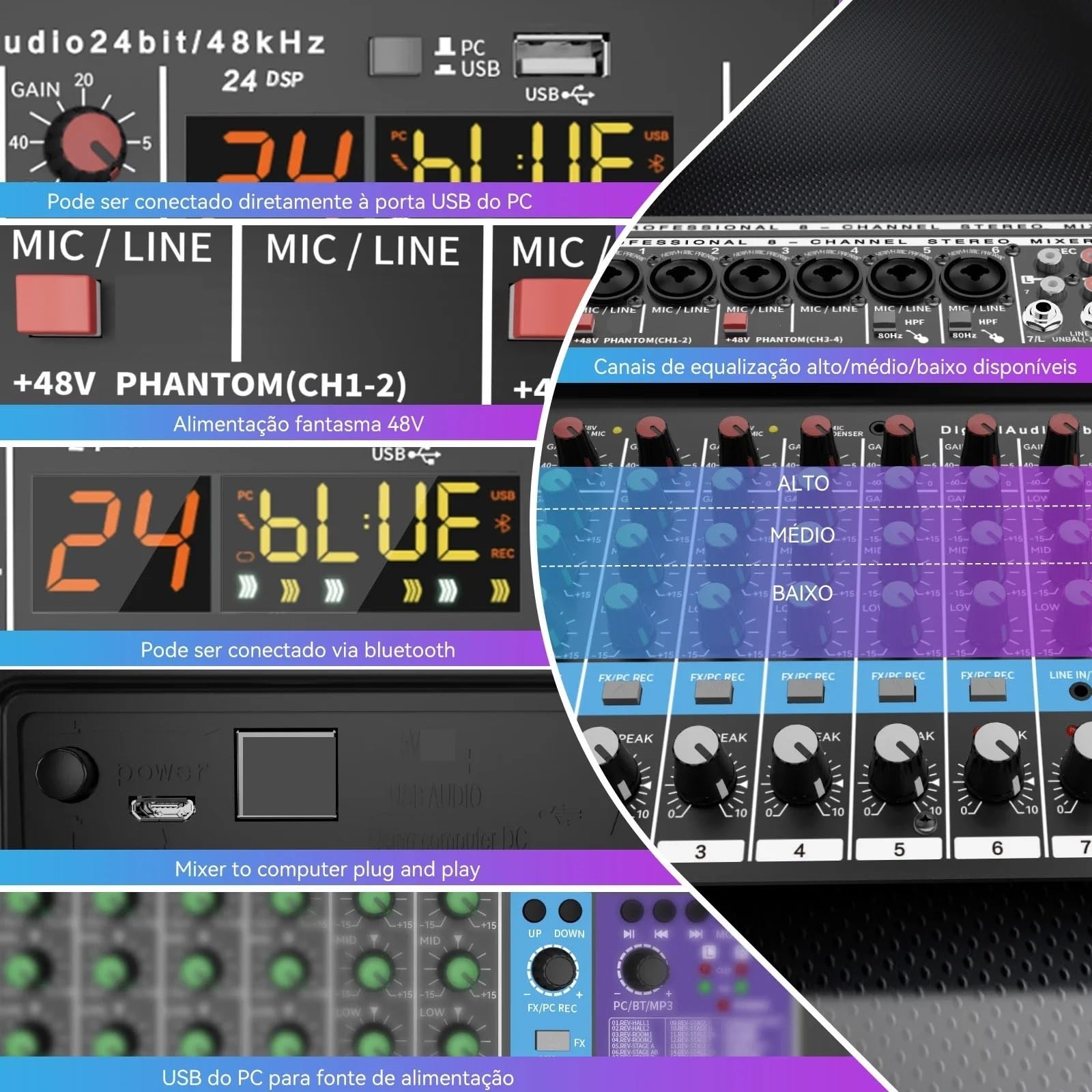 Mixer audio, Mixer Audio Professionale Portatile A 8 Canali, 2 Pezzi, Console Di Missaggio, MP3 Digitale, Ingresso Computer,PC, studio di registrazione e giochi