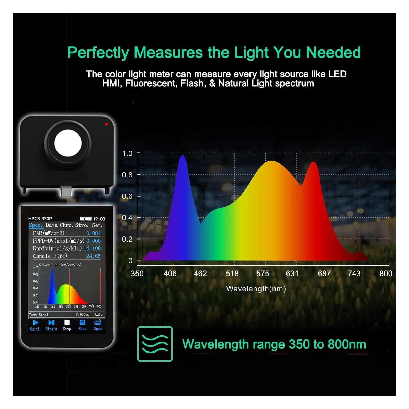 HPCS-330P Tragbares drahtloses Lichtspektrometer mit Wellenlängenbereich 350–800 nm PPFD PAR-Meter mit Flimmertest