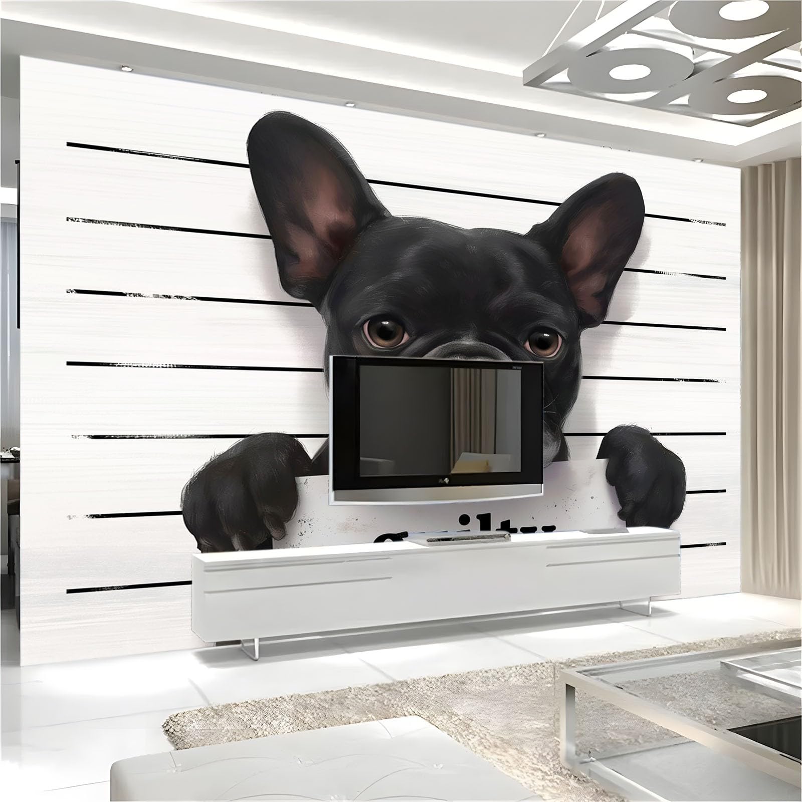 Fototapeta ze zwierzętami buldog francuski, tapeta ścienna, biała, do salonu, sypialni, biura, 200 x 140 cm, tapeta z włókniny, dekoracja ścienna